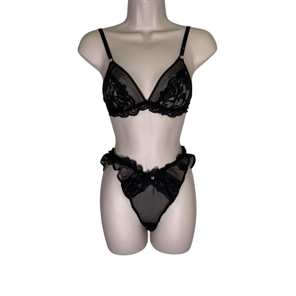 Vintage Christian Dior Lingerie Set Womens M Sheer Lace Mesh Bra Panty Intimates - Picture 1 of 16